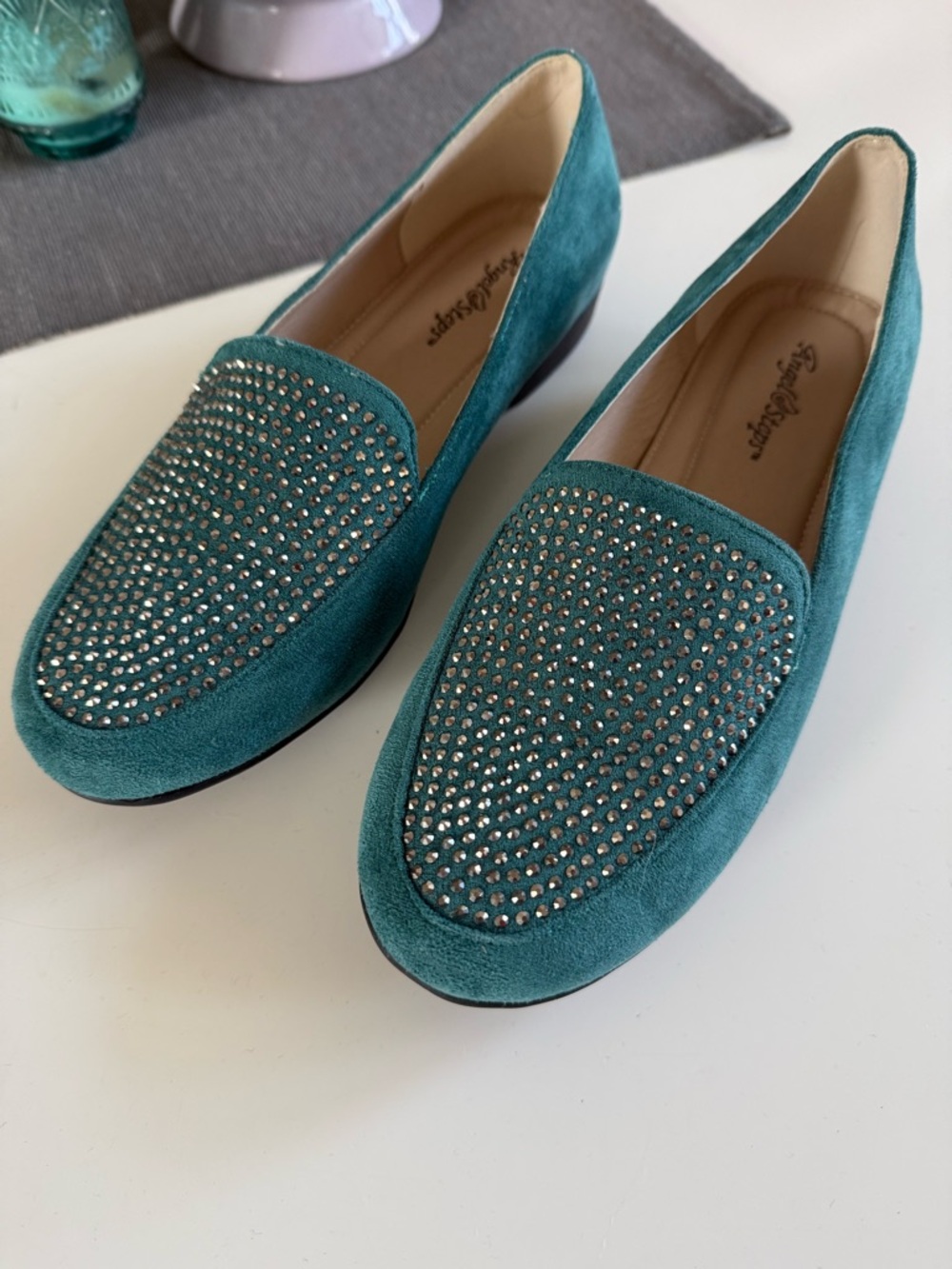 Studded-Embellished Teal Suede Loafers - Women's Slip-On Flats